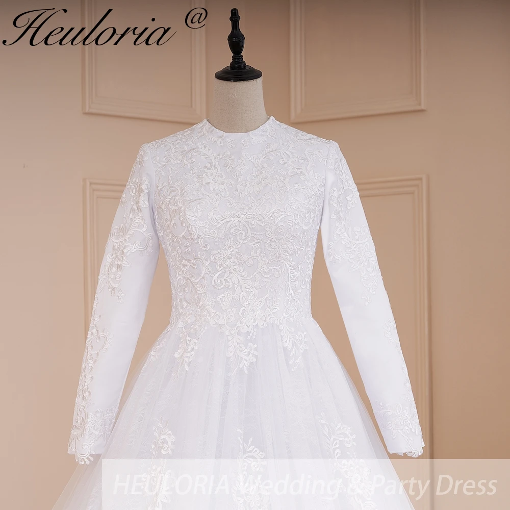 HEULORIA Muslim ball gown Wedding Dress long sleeve round neck plus size robe de mariee Lace beading bride dress court train