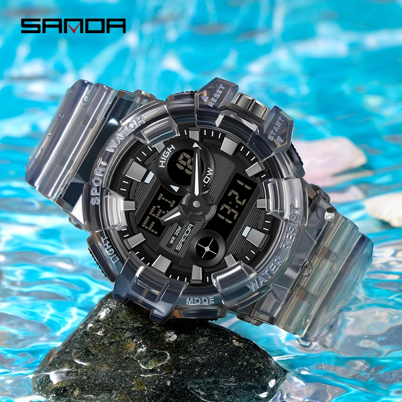 SANDA Fashion Transparent Sport Mens Watch Casual Military Quartz Wristwatch Waterproof Student Clock relogio masculino 3100