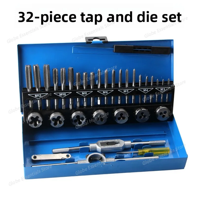 

32-Piece German Standard Tap and Die Set with Wrenches, M3-M12 Hand Tap Wrench and Die Stock Set