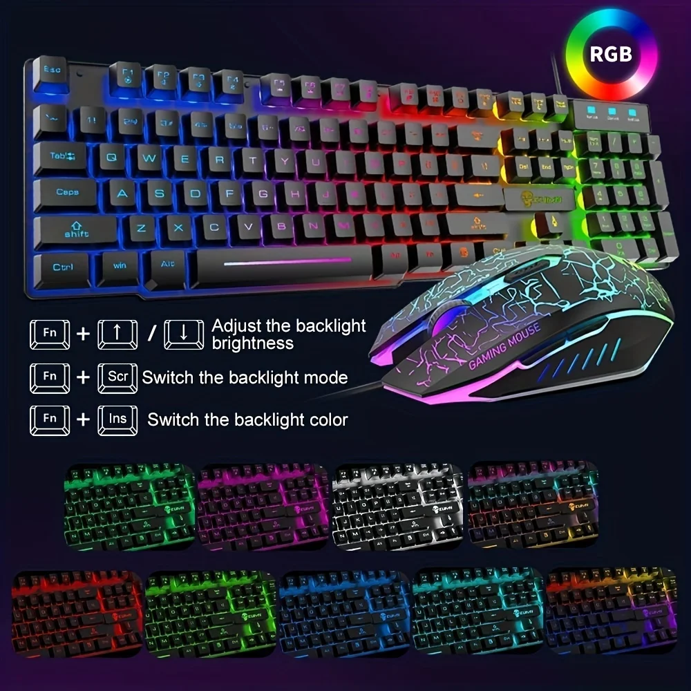 MAMBASNAKE Gaming Keyboard Mouse Sets Rainbow Backlit Ergonomic Usb Mechanical Feel Light Up Keyboard+2400DPI 6 Buttons Mouse