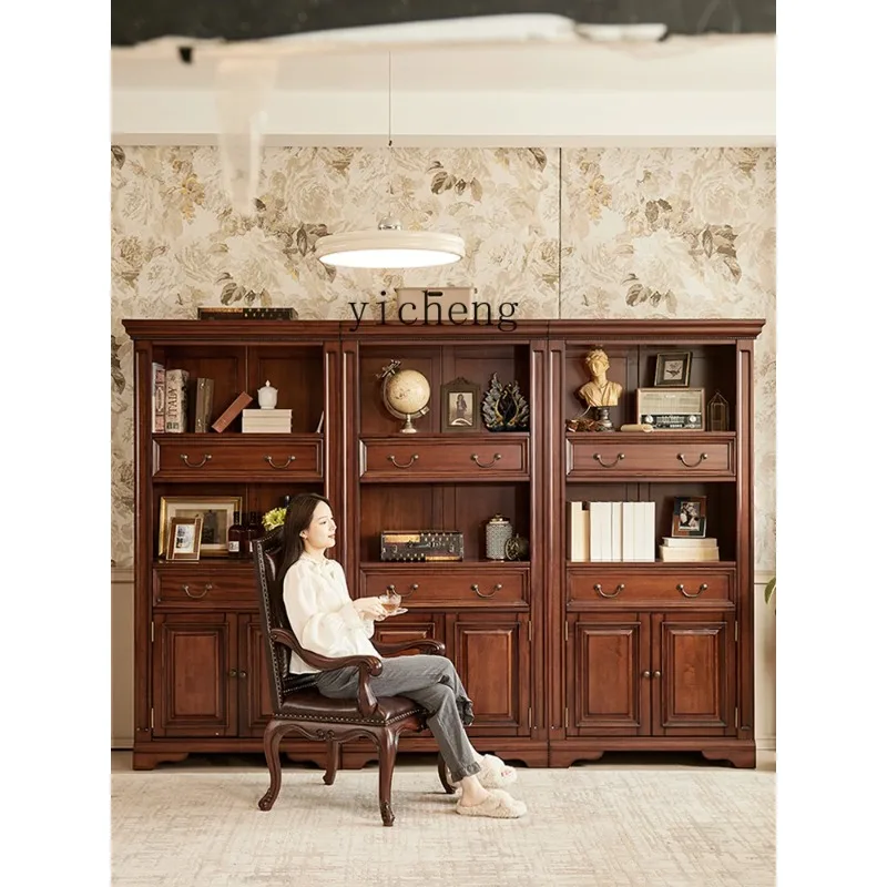 Neoclassical Gold Silk Teak All Solid Wood Bookcase Combination Bookcase Study Storage Background CabinetD24