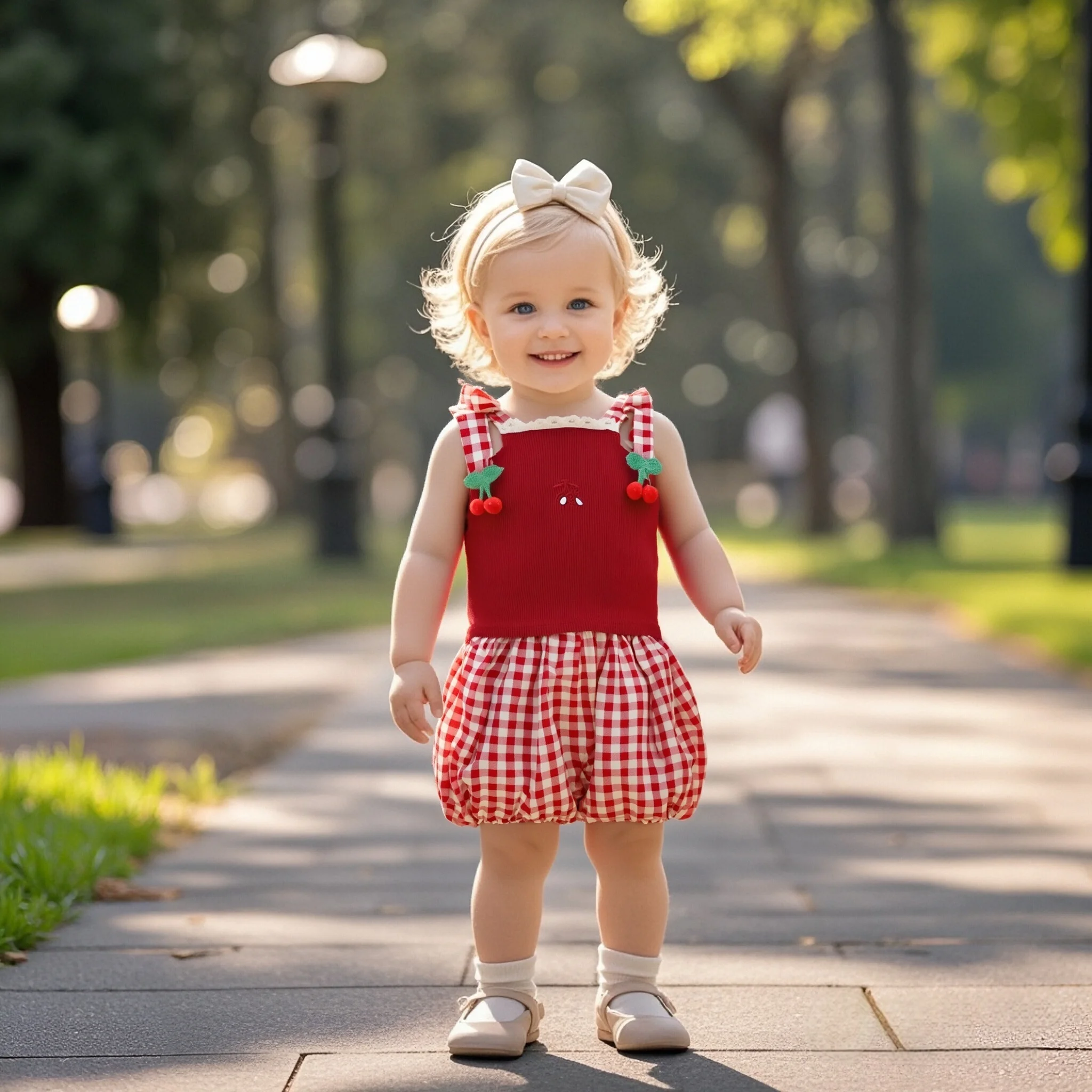 

2PC/Set Baby Outfit Set Summer Cotton Solid Color Cherry Bow Tank Top Checkered Shorts Girl Set Sweet Casual Beach Baby Clothes