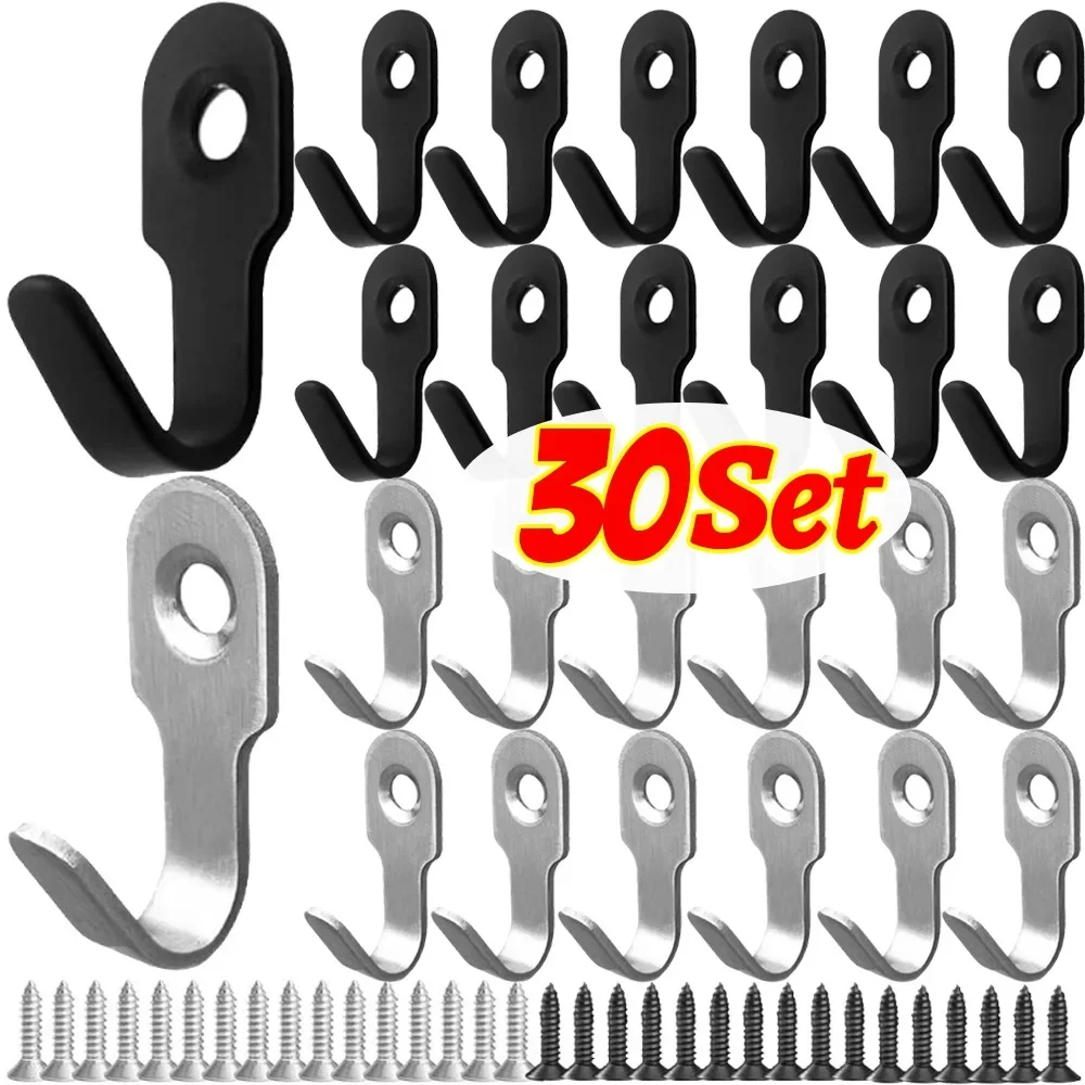 30/1Set Mini J-shaped Hook with Screw Stainless Steel Key Rack Wall Punching Hooks Kitchen Bathroom Storage Hook Organization