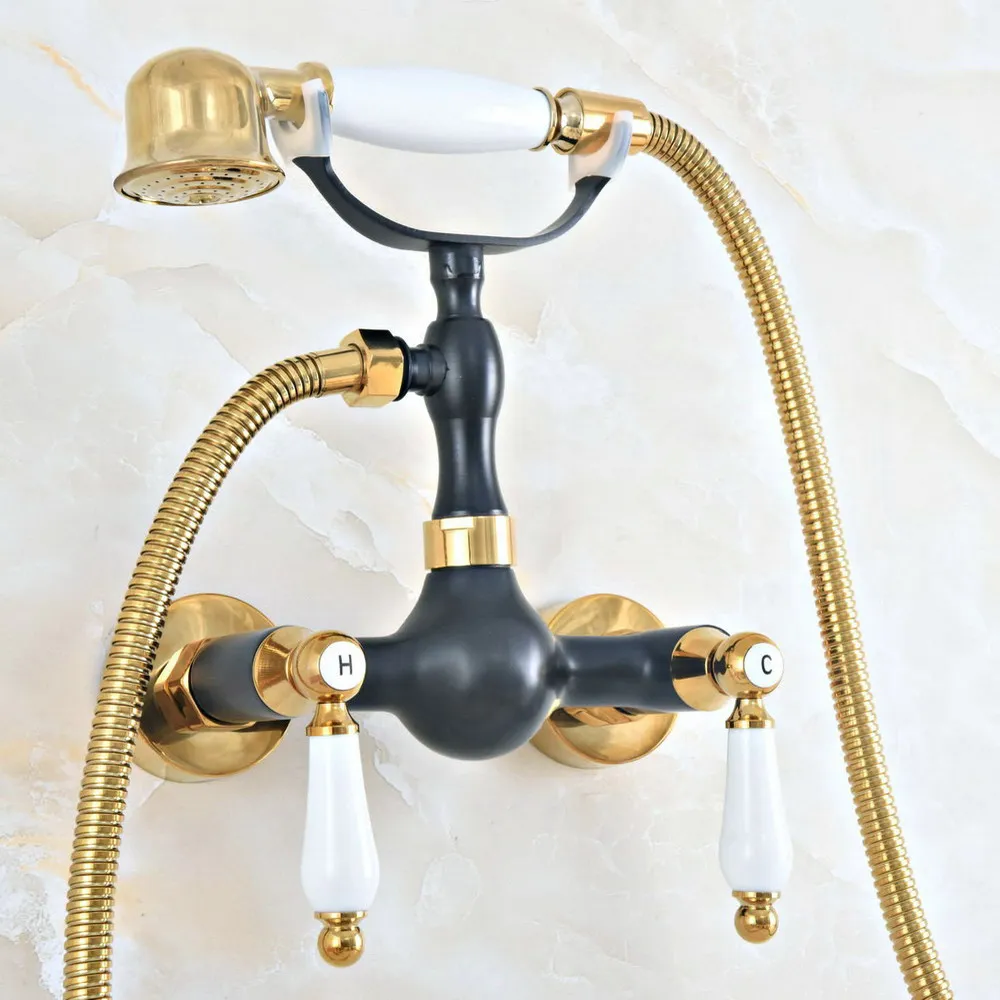 

Black Oil Rubbed & Gold Brass Wall Mount Bathtub Faucet with Handheld Shower Set +1500MM Hose Mixer Tap 2na424