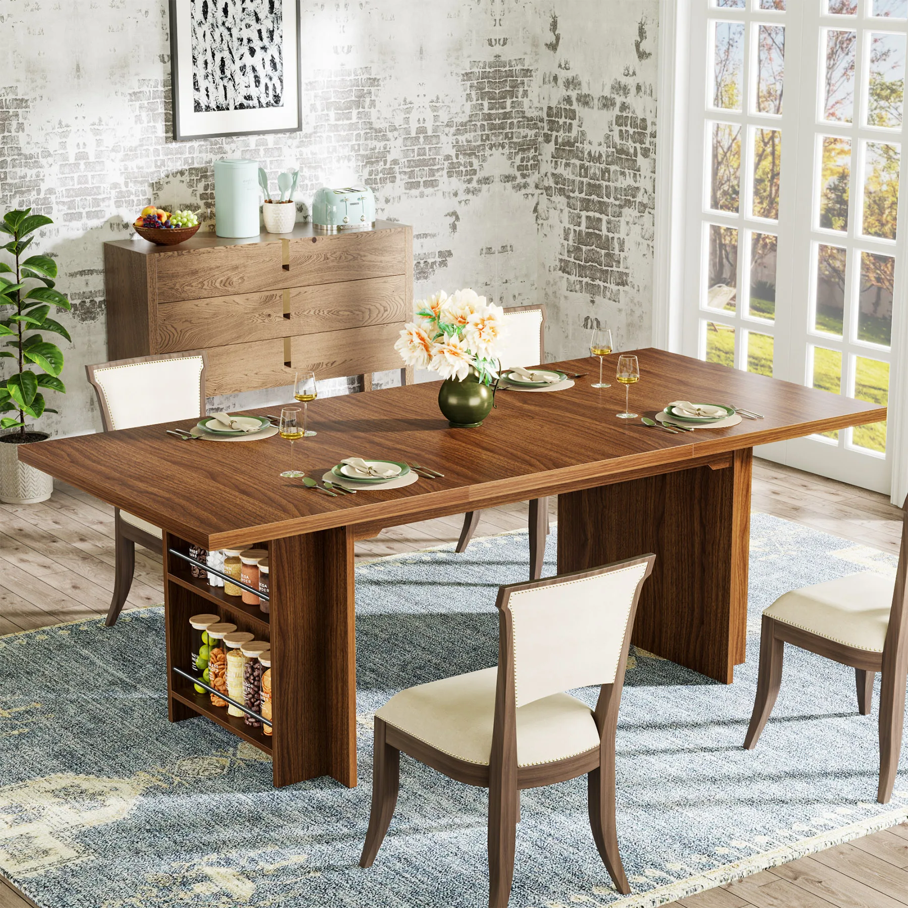 Tribesigns Dining Table for 6 to 8, 63-Inch Rectangular Wooden Kitchen Table with Storage, Industrial Dinner Table with Shelves