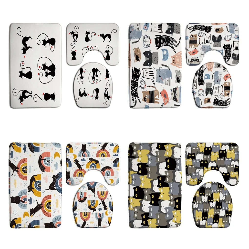 

Cute Cat Bath Mat Set Pet Animal Black Cat Home Doormat Memory Foam Bathroom Door Rug Carpet Anti-Slip Toilet Lid Cover Washable