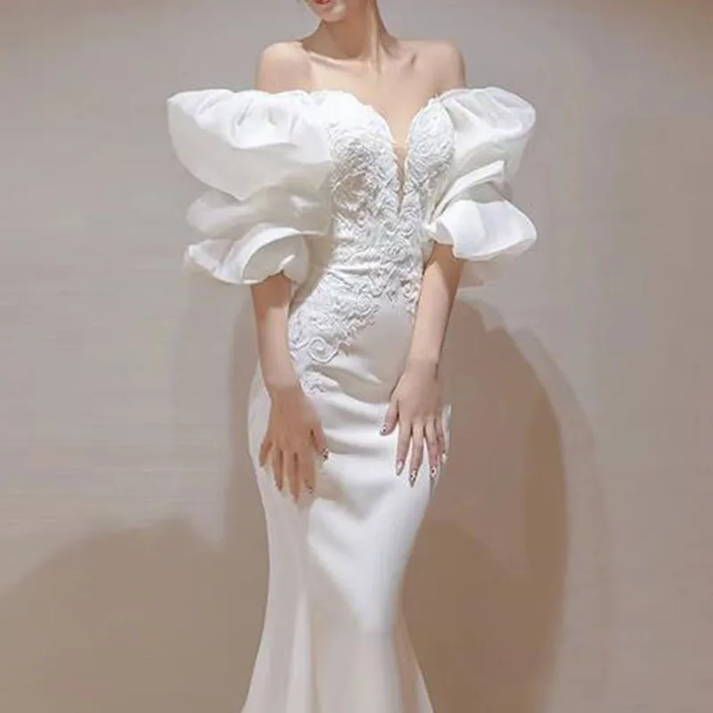 Vestido de novia ligero con correa de temperamento, vestido de baile de cola de pez blanco elegante, vestido de noche de fiesta, vestidos de novia para mujer