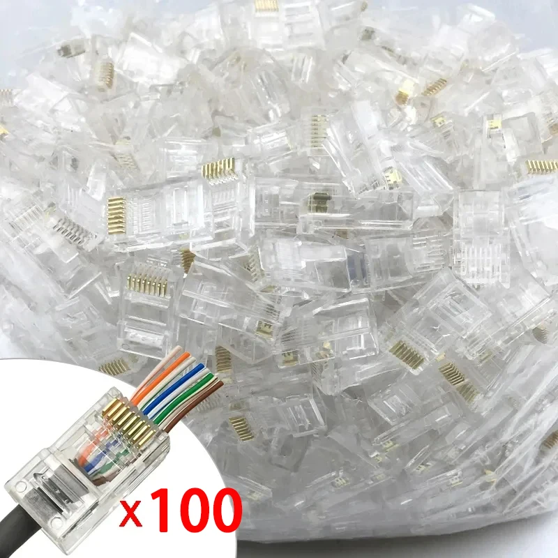100 sztuk/partia RJ45 CAT6 CAT5e przelotowe złącza kryształowe końcówki pozłacane 8P8C Crimp UTP standardowa wtyczka modułowa sieci Ethernet