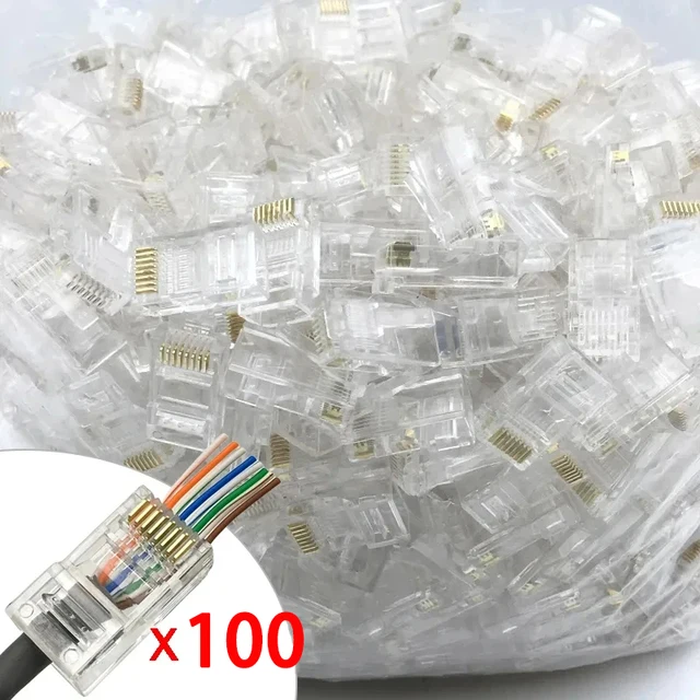 100 sztuk/partia RJ45 CAT6 CAT5e przelotowe złącza kryształowe końcówki pozłacane 8P8C Crimp UTP standardowa wtyczka modułowa sieci Ethernet