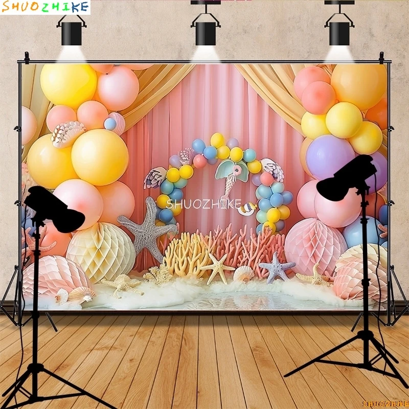 Fondali fotografia sirena spiaggia scena stella marina decorazioni di buon compleanno palloncini corona festa studio fotografico sfondo DF-02