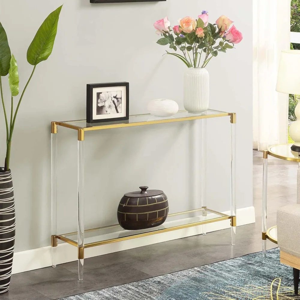 

Acrylic Glass Console Table 44.25 Inch, Modern Double Layer Tempered Glass Table, Gold Chrome Frame