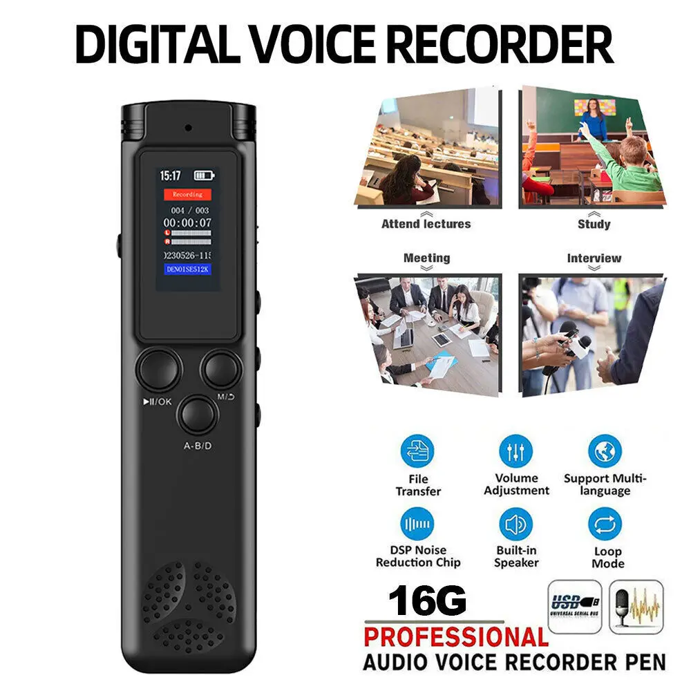 16G Digital Voice Recorder Dictaphone Audio MP3 Player Sound Recording Device