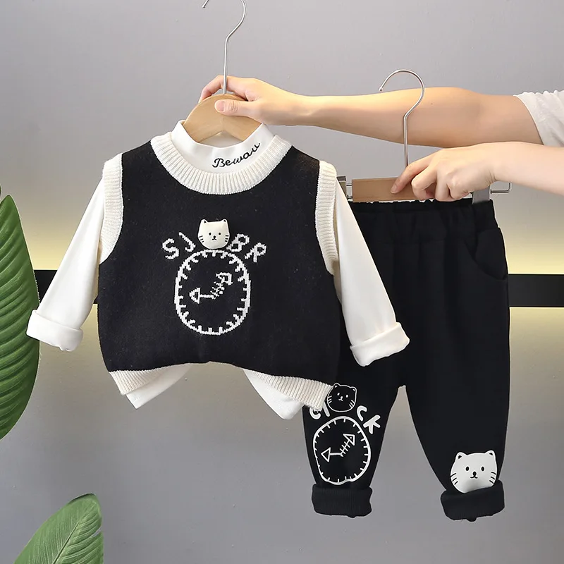 Boutique Kids Sets 2024 Fall Baby Boy Clothes Free Shiping Elegant Clock Cat Knitted Sweater Vest + T-shirts + Pants Boys Outfit