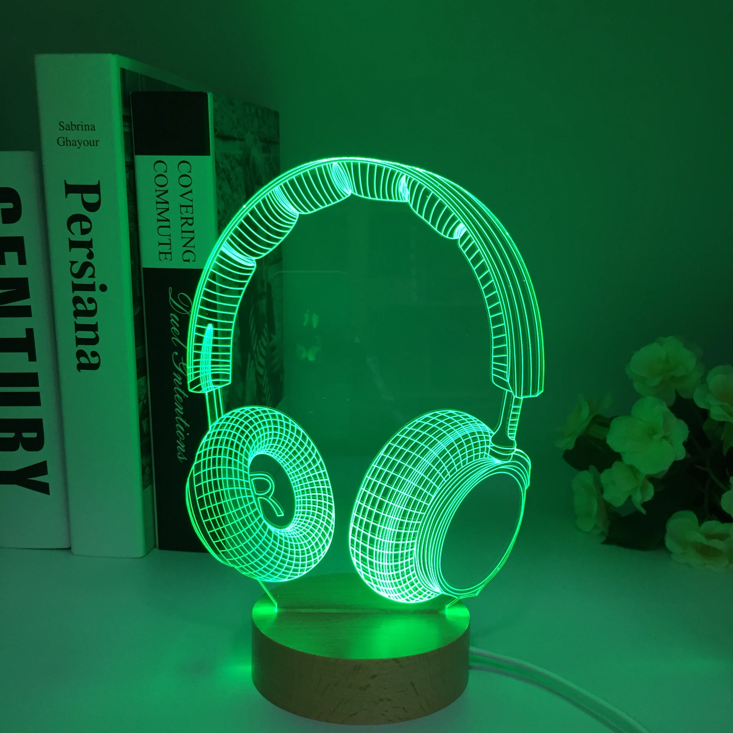 Wooden 3D Earphone Headphone Illlusion Lamp Studio Monitor Headset Music Earphone 3d Night Light Colors Bedroom Table Lamp