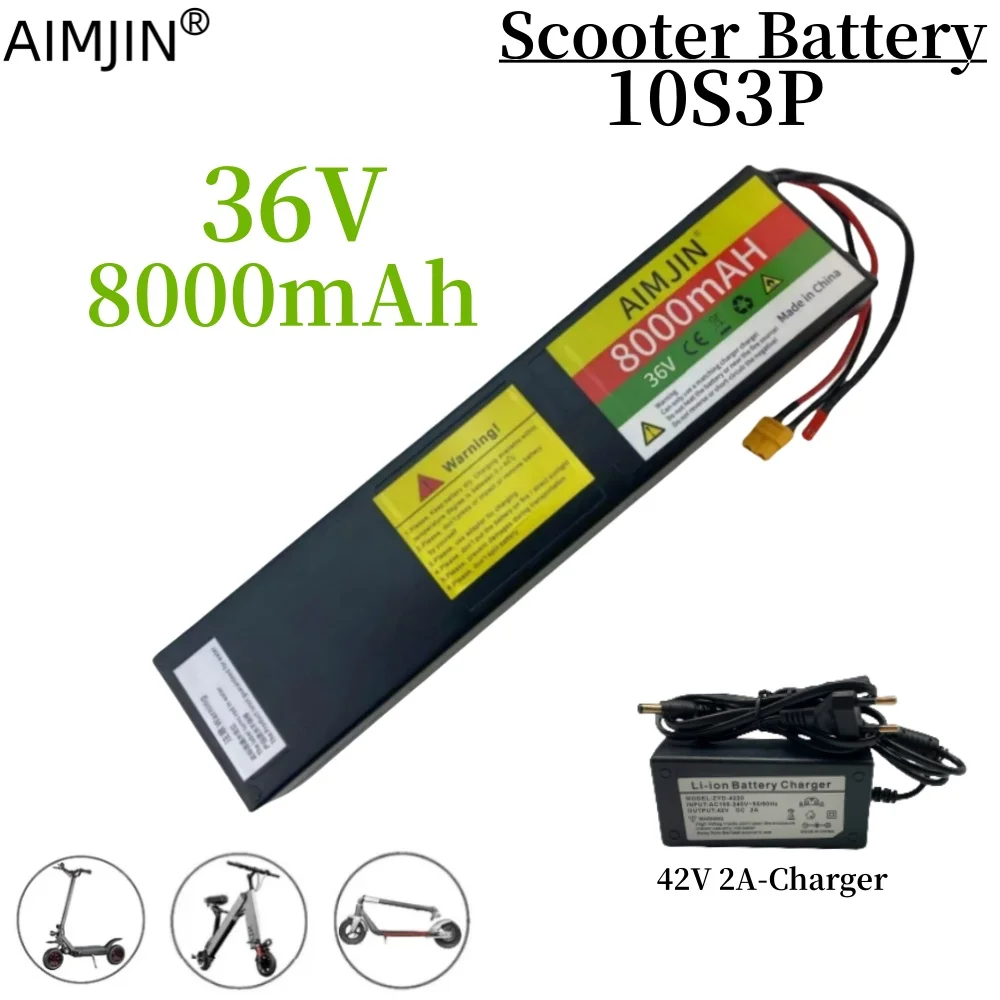 18650 10S3P 36V 8000mAh paket baterai isi ulang Lithium-ion JST + konektor XT60 BMS bawaan