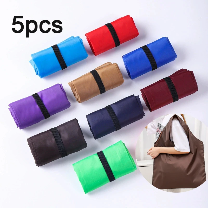 5pcs Shopping Bag Solid Color Eco-friendly Folding Reusable Portable Shoulder Handbag Polyester for Travel Grocery