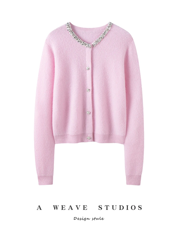 

ADDONEE Women's O-neck Cardigan 100% Cashmere Sweater Beading Collar Grace Style Cashmere Knitwear Short CoatAutumn Winter