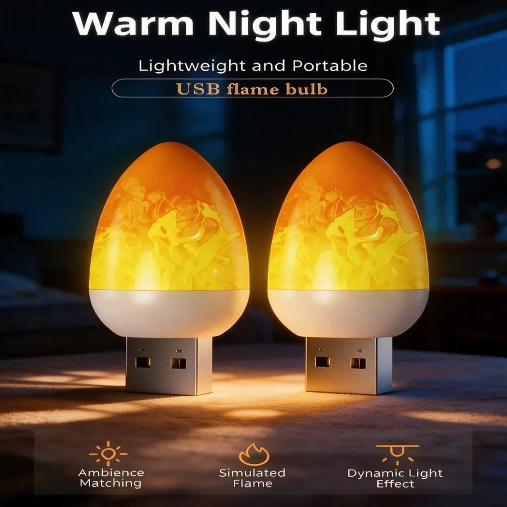 LED Flame Candle Light USB Powered Dynamic Flickering Atmosphere Lamp Portable Night Light for Camping Bedroom Book Reading Home