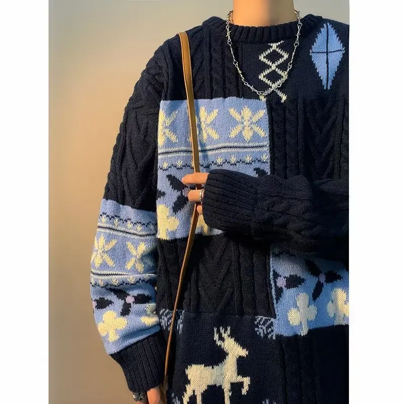 Patchworkowy sweter męska dzianina z okrągłym dekoltem w stylu Vintage dziergany sweter męska zimowa ciepła koszulka gruba tkanina z tkaniny