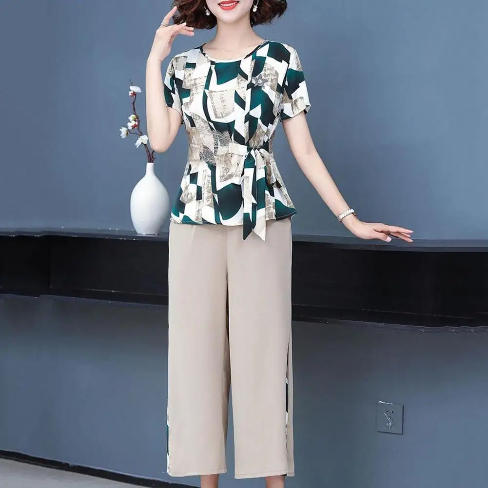 Women Two-piece Suit Floral Print Women's Top Pants Set with Lace-up Detail Plus Size Mid-aged Female Suit with Wide Leg