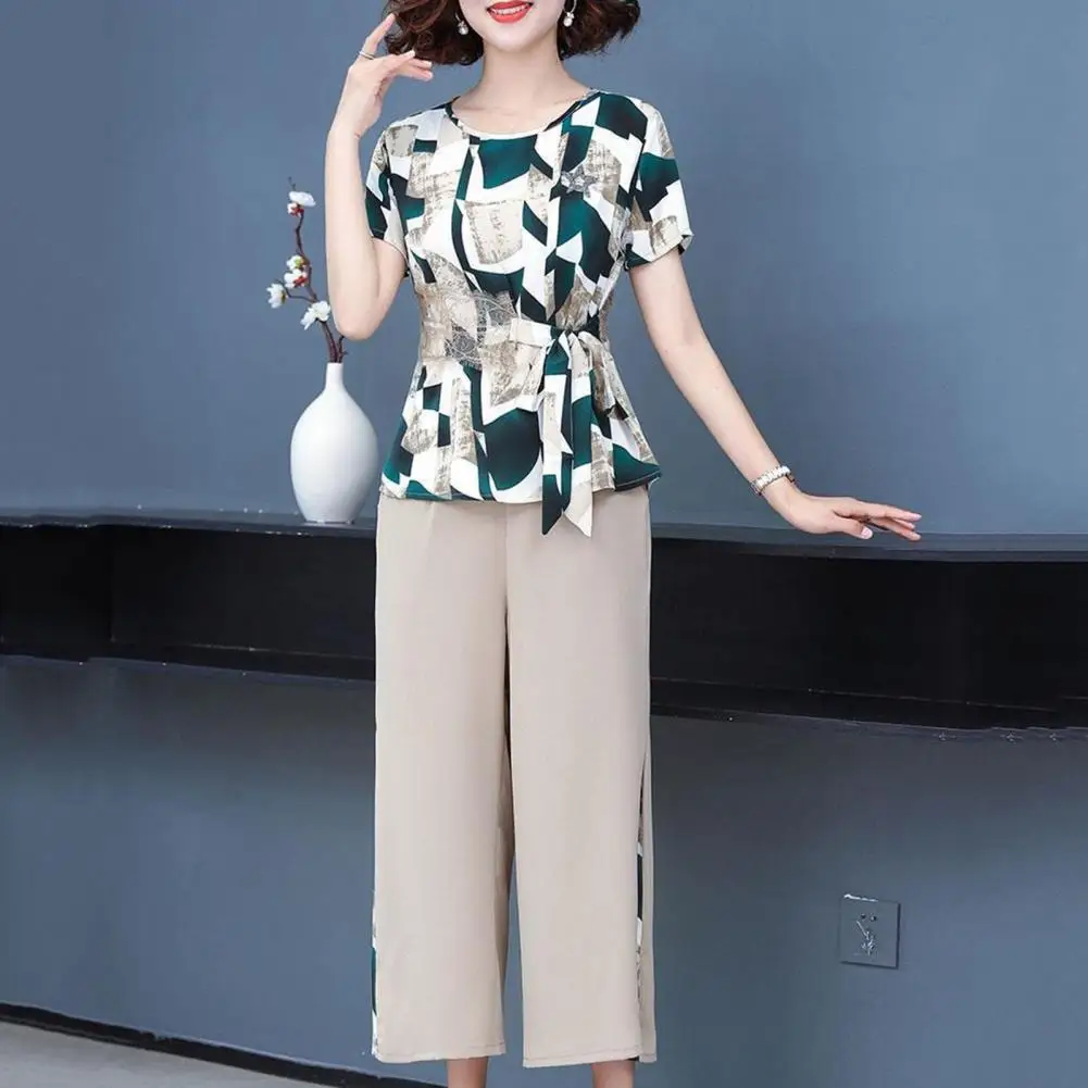 Women Two-piece Suit Floral Print Women\'s Top Pants Set with Lace-up Detail Plus Size Mid-aged Female Suit with Wide Leg