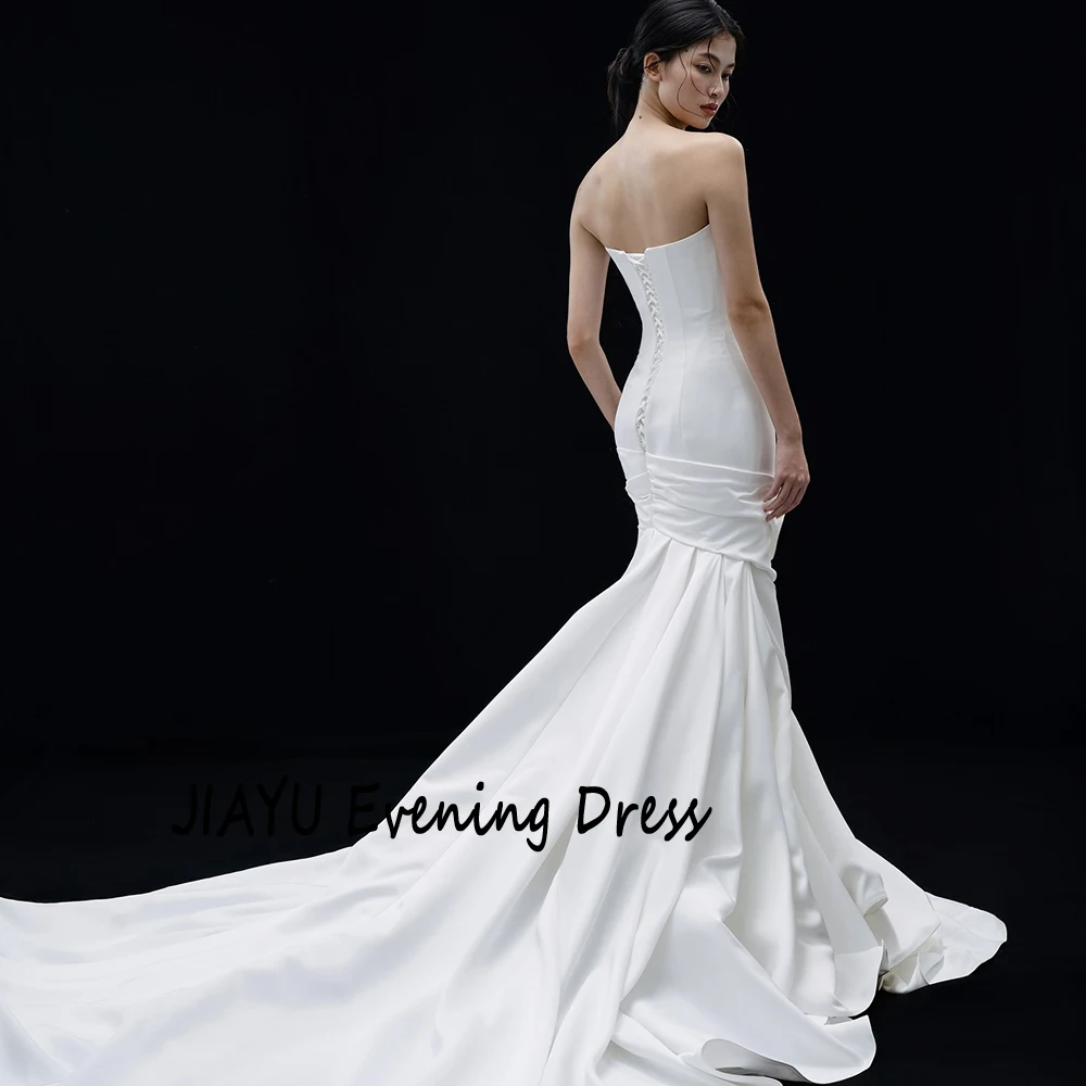 Customized Strapless Modern Style White Wedding Dress Watteau Train Sleeveless Mermaid Party Dress Floor Length Prom Gowns