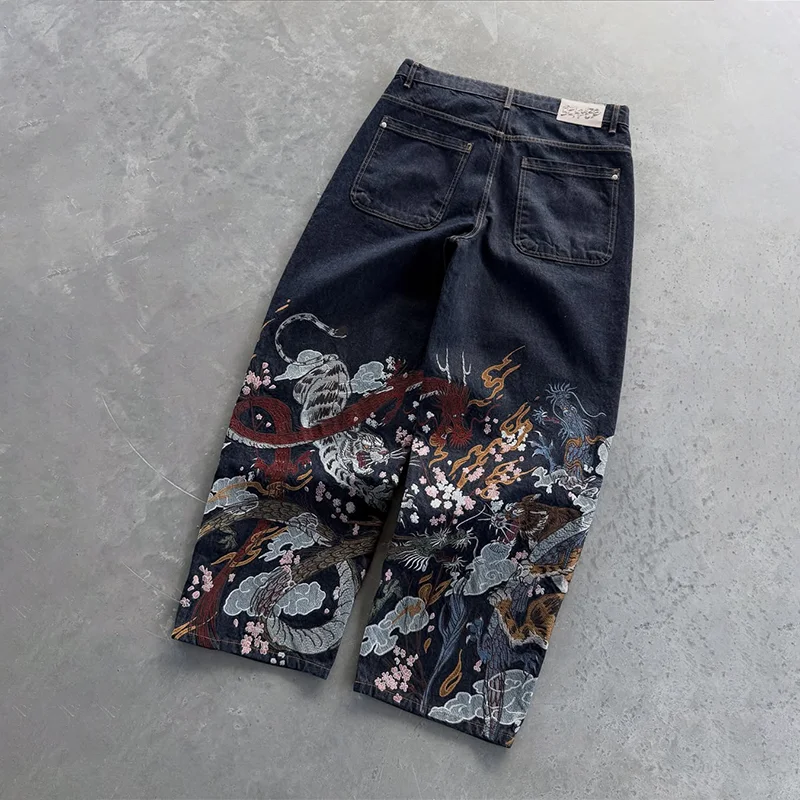 Y2K موضة الاتجاه الجينز التقليدية الصينية الأسطورية الوحوش التطريز عالية الخصر فضفاض الجينز الهيب هوب الرجال النساء الرجعية الشارع الشهير
