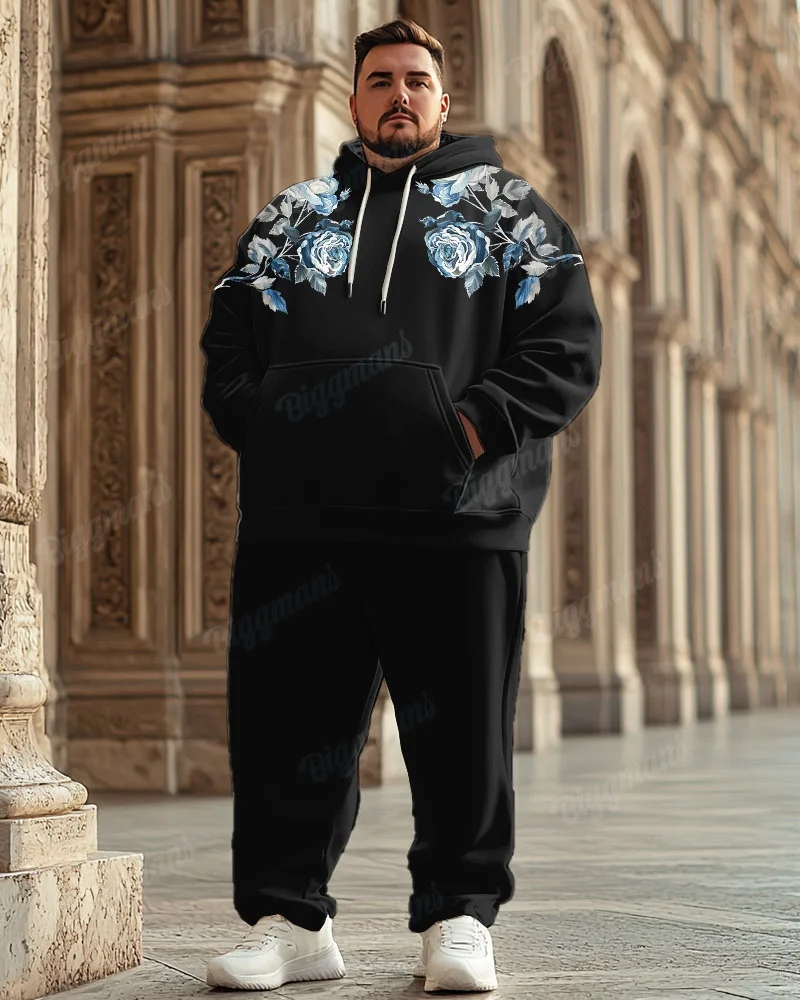 Men's Plus Size Pullover Hoodie and Black Long Pants Set, Floral Prints with Bird Design Options, Long Sleeve for Daywear