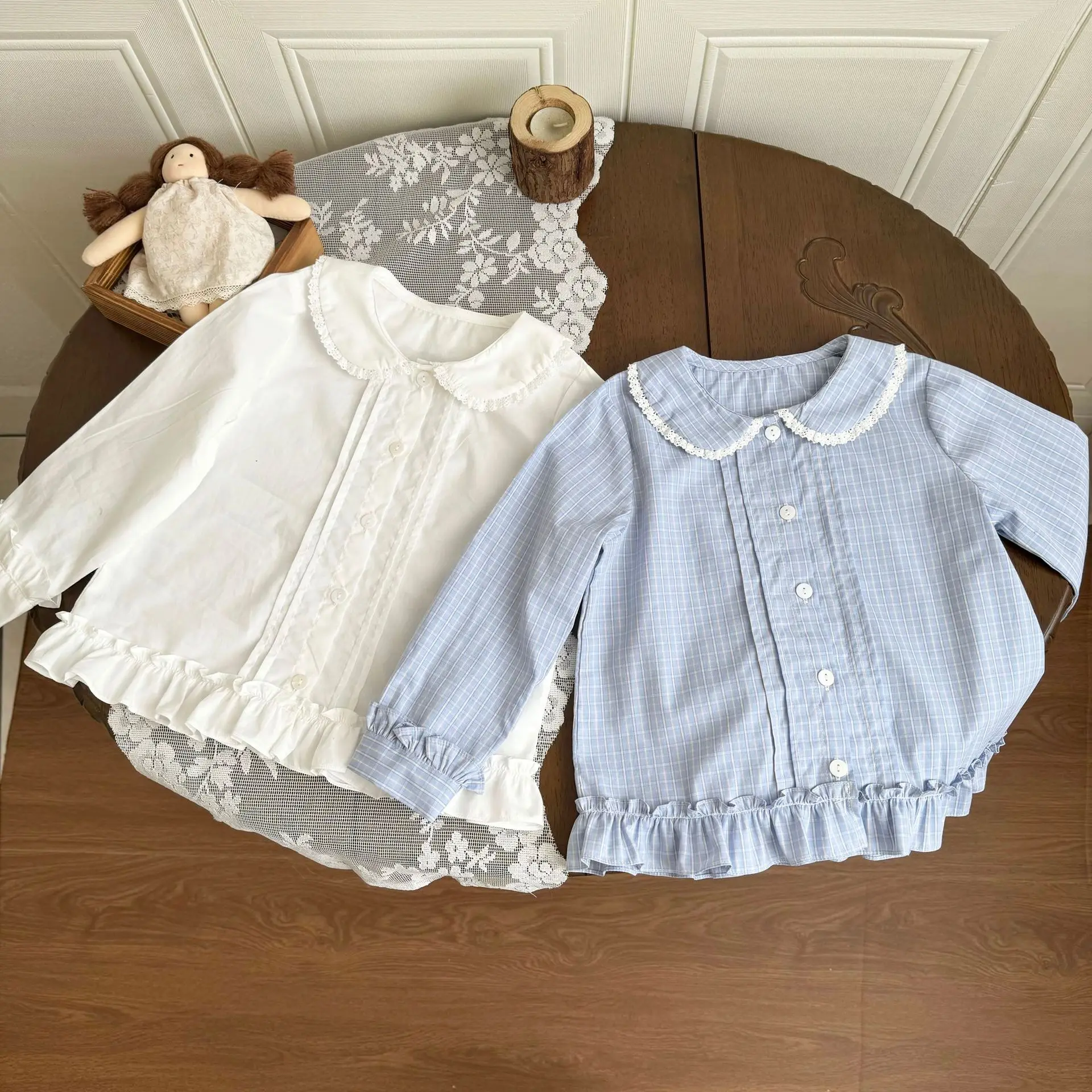 

Korean Girls Shirt French Peter Pan Collar Shirt Turn-down Collar Cotton Fine Blue Grid Lotus Leaf Hem Long Sleeved Shirt