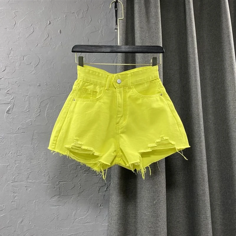 

Королевские синие джинсовые шорты с высокой талией для женщин, новинка 2026 года, в корейском стиле, летние, модные, универсальные, с широкими штанинами, А-силуэт, с рваным краем