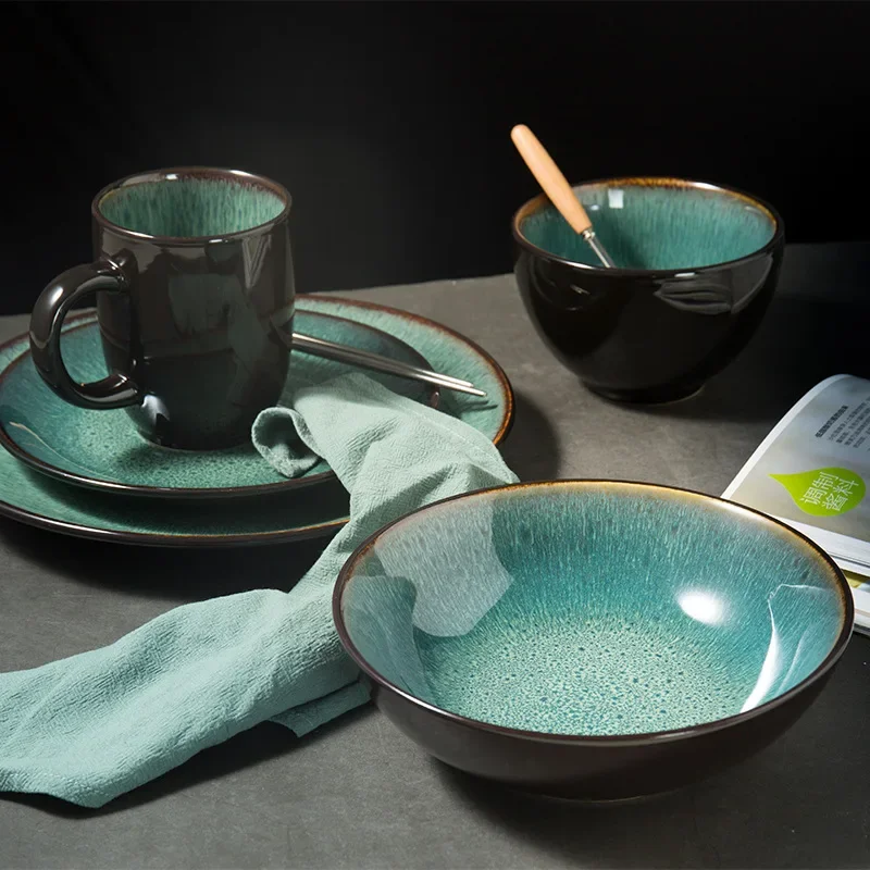Juego de platos y cuencos de cerámica verde malaquita, juego de cubiertos de porcelana ecológica para cena, plato de cocina, accesorios para cucharas