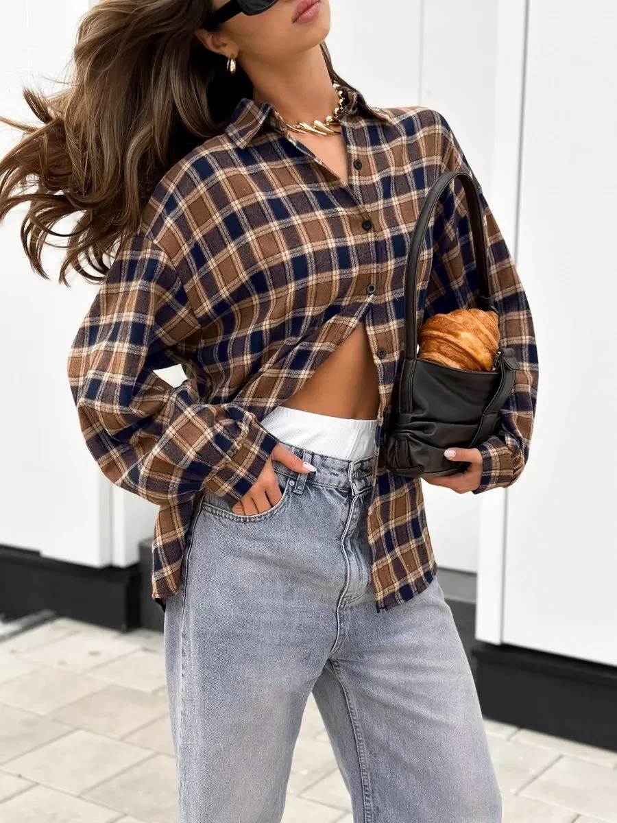 Luźna koszula w kratę dla kobiet, vintage brązowa bluzka z kołnierzykiem, zapinana na guziki, z długim rękawem, koszule biurowe, nowość na wiosnę 2025