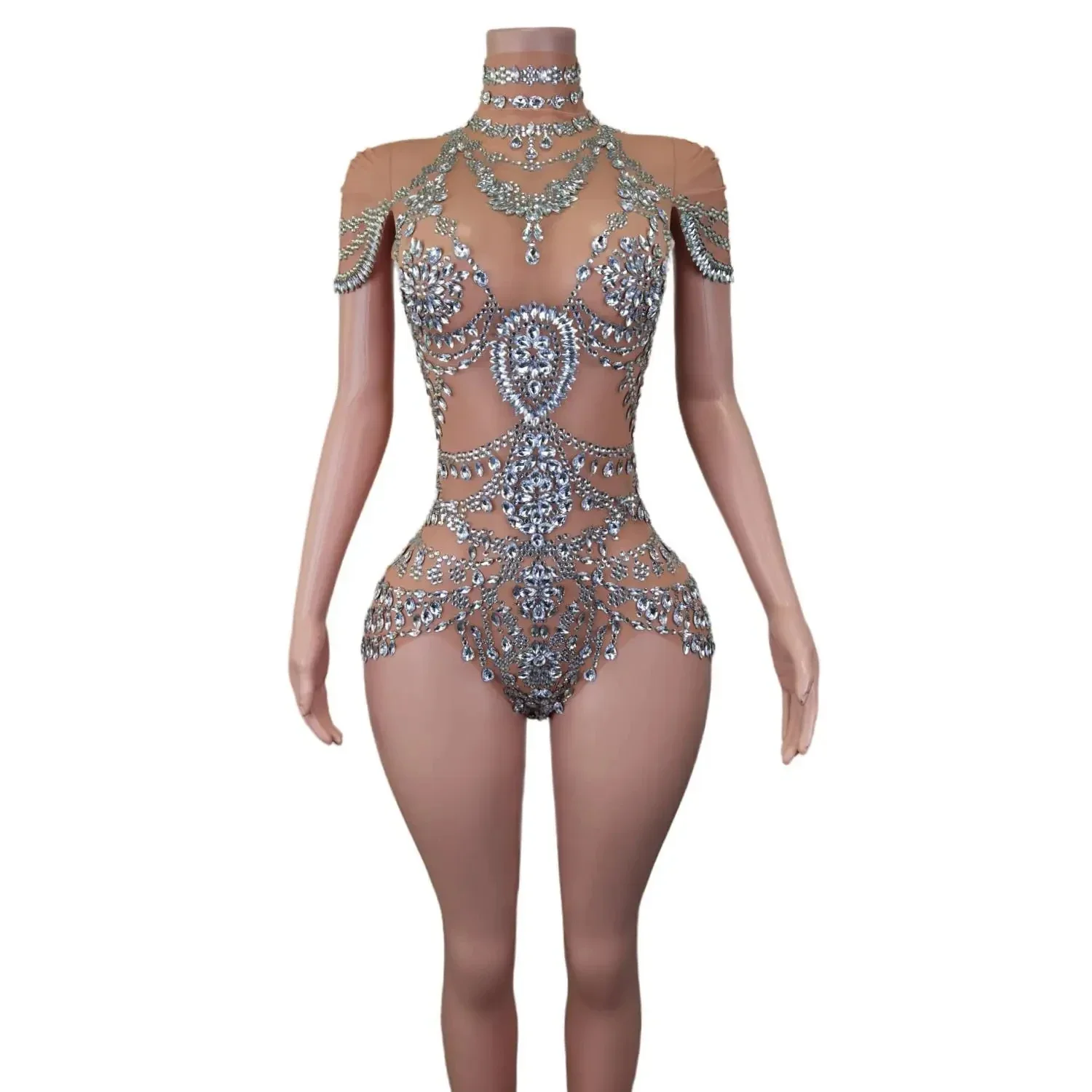 Sexy Stage Sparkly Rhinestone Bodysuits Luxury Women Party Prom Ball One Piece Stretch Sheer Mesh Short Dance Drag Queen Costume