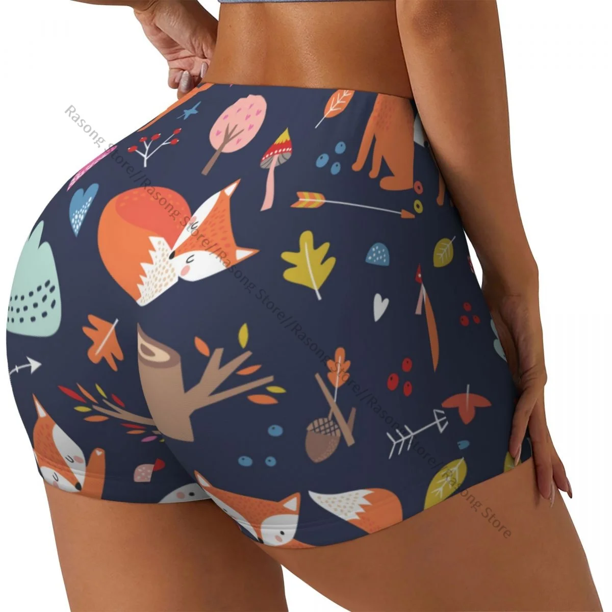 Spandex Yoga Shorts for Women Comic Cartoon Fox Workout Booty Shorts