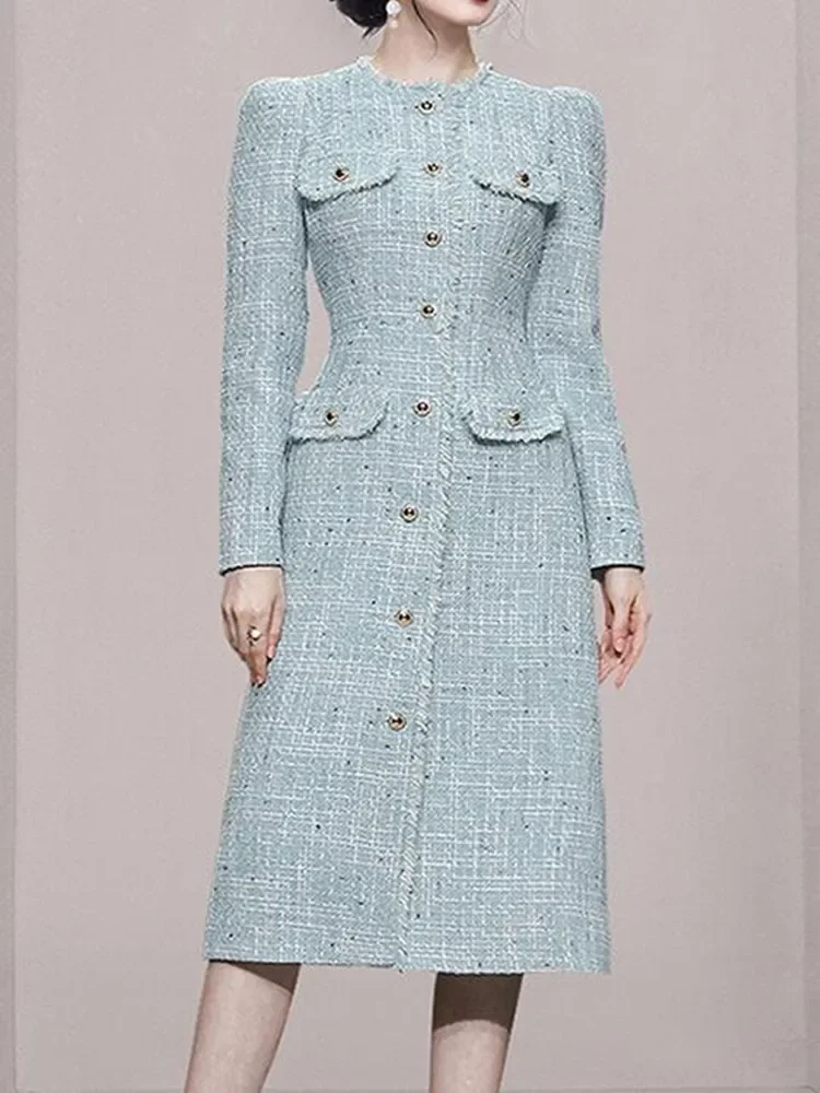Women\'s Dresses Winter Long Sleeves Luxury O-Neck Tassel Single Breasting Tweed Dress Korean Blue Elegant Slim Dress