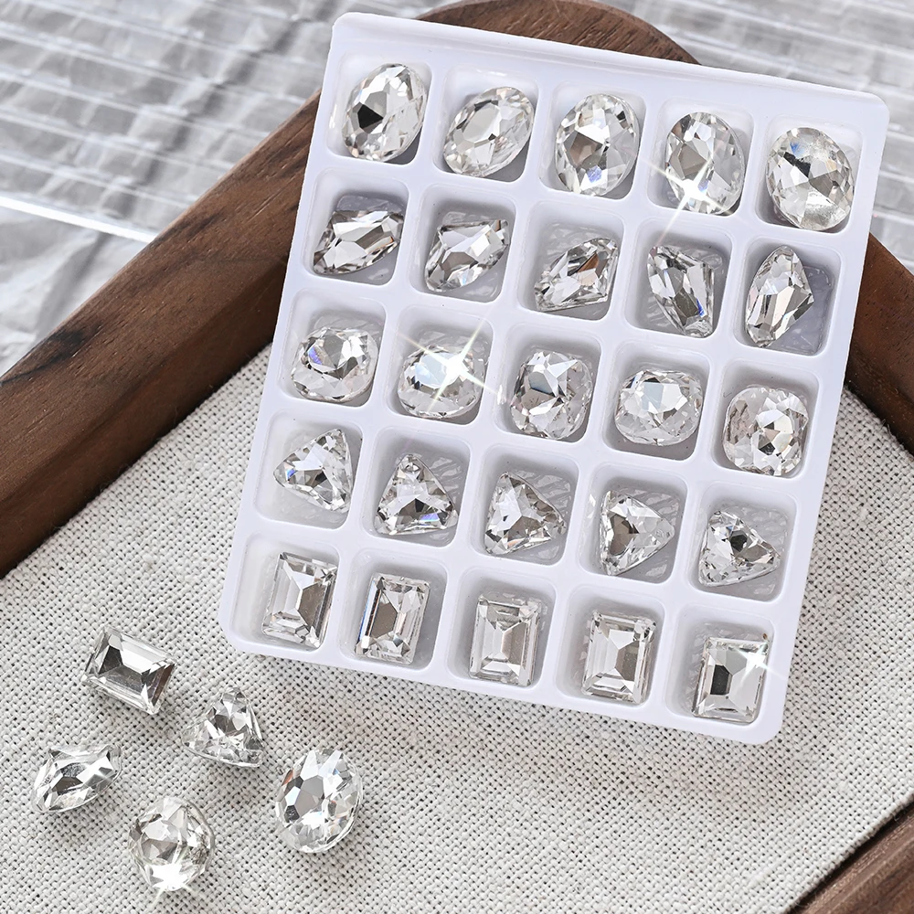 25PCS/Box Clear Glass Diamond Nail Rhinestone Mixed Shape Oval Rectangle Triangle Crystal Nail Gem Pointed Back Clear Nail Charm