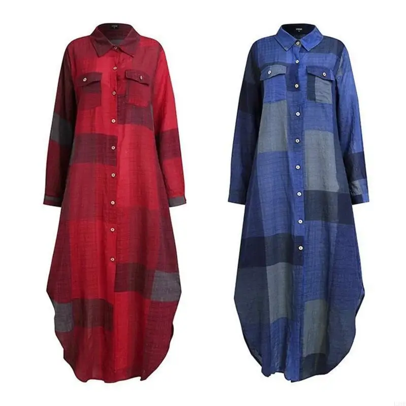 L38E Women Rolled Long Sleeve Lapel V-Neck Button Down Shirt Dress Colorblock Plaid Print Casual Loose Side Slit Maxi Blouse