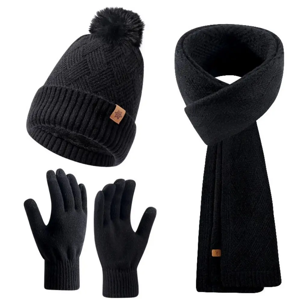3pcs Fleece Lined Solid Color Hat Scarf Gloves Set Warm Wool Thermal Knit Cap Fashion Thicken Winter Beanie Hat Winter