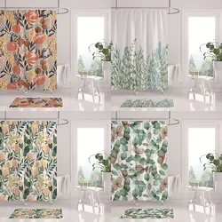 Bath Shower Curtain Watercolor Green Floral Eucalyptus Round Leaves Pattern Branches Home Bathroom Polyester Fabric Waterproof