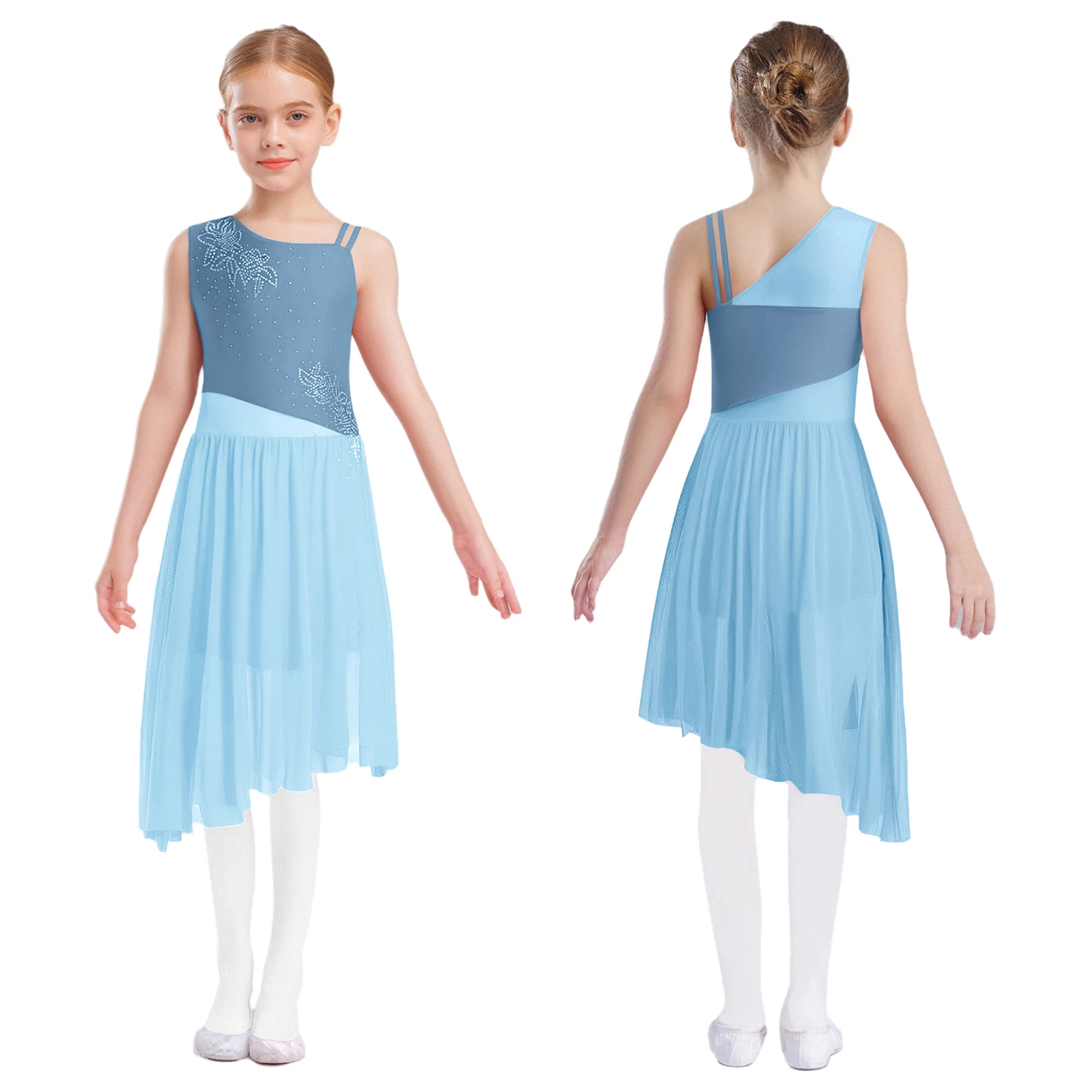 أطفال فتاة الحديثة فستان رقص غنائي الباليه الجمباز زي حجر الراين سبليت بقماش شفاف متجنب يوتار أداء Dancewear #5