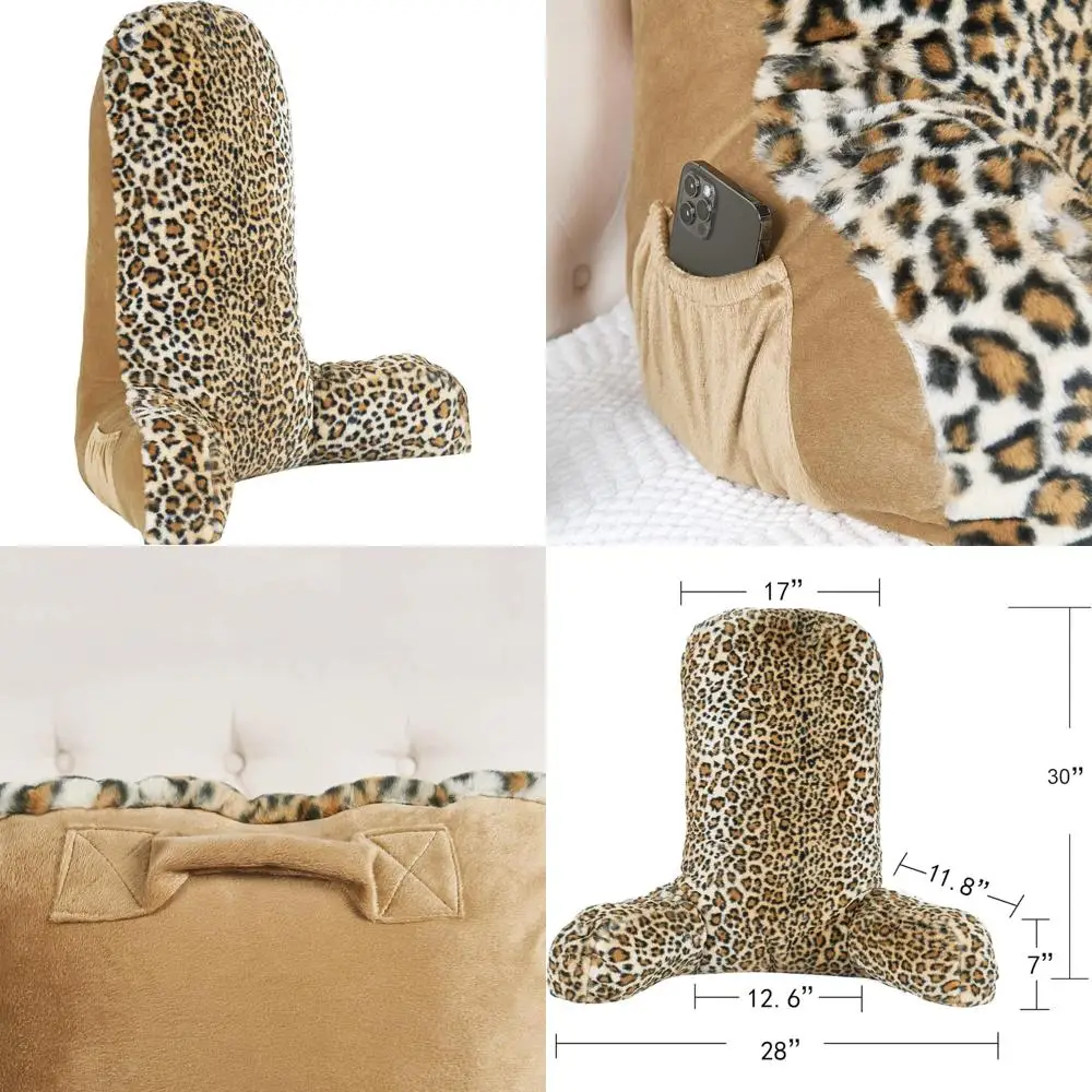 

Oversized Faux Fur Leopard Print Bed Rest Pillow with Armrests and Pockets for Comfortable Sitting and Reading