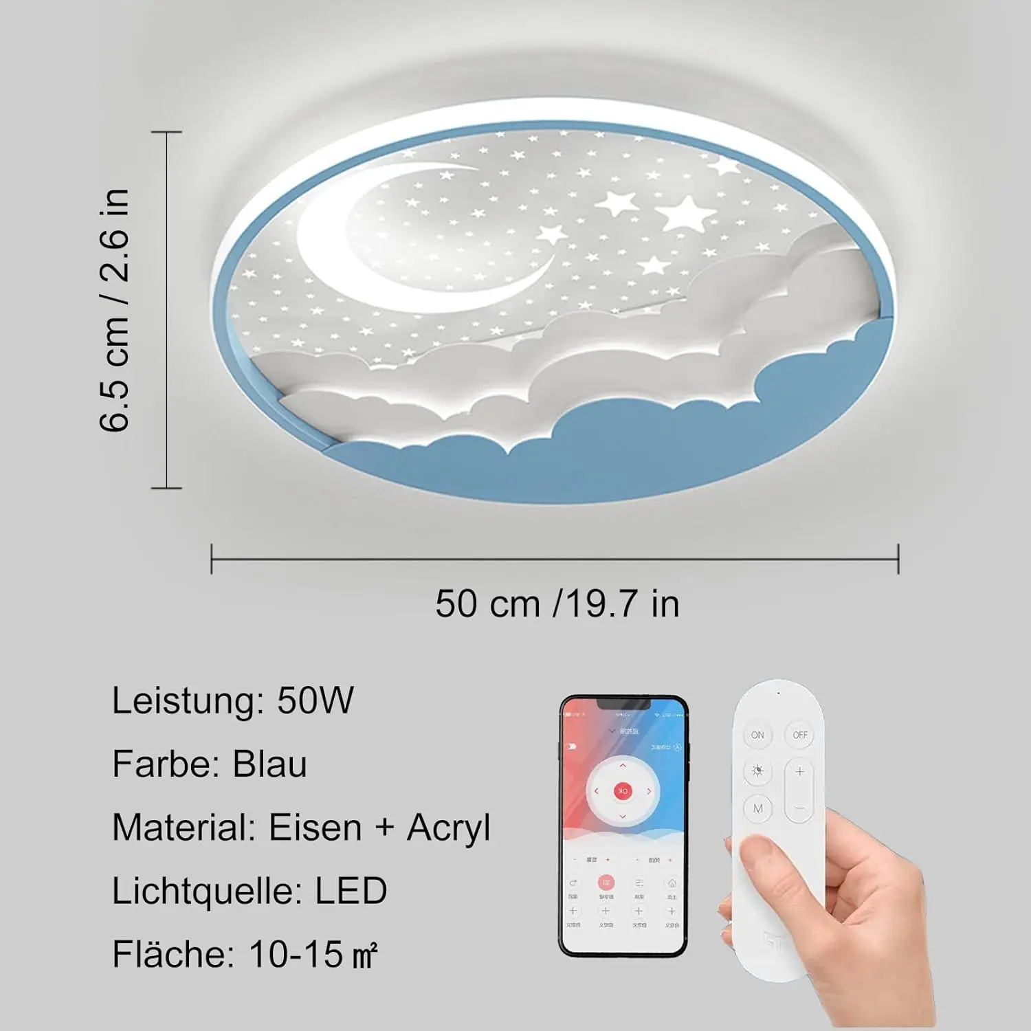Led-plafondlamp voor kinderen, 50 cm Star Moon-plafondlamp kinderkamer dimbaar met app-afstandsbediening, 3000-6000K, voor jongens meisjes kinderkamer