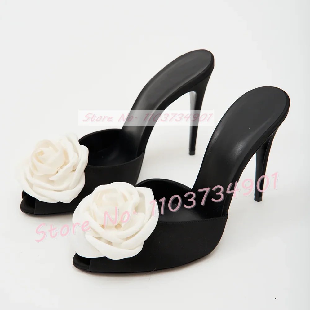 Pink Rose Flower Peep Toe Mules Women Elegant Black Satin Thin High Heels Slippers Female Party Floral-applique Flock Shoes