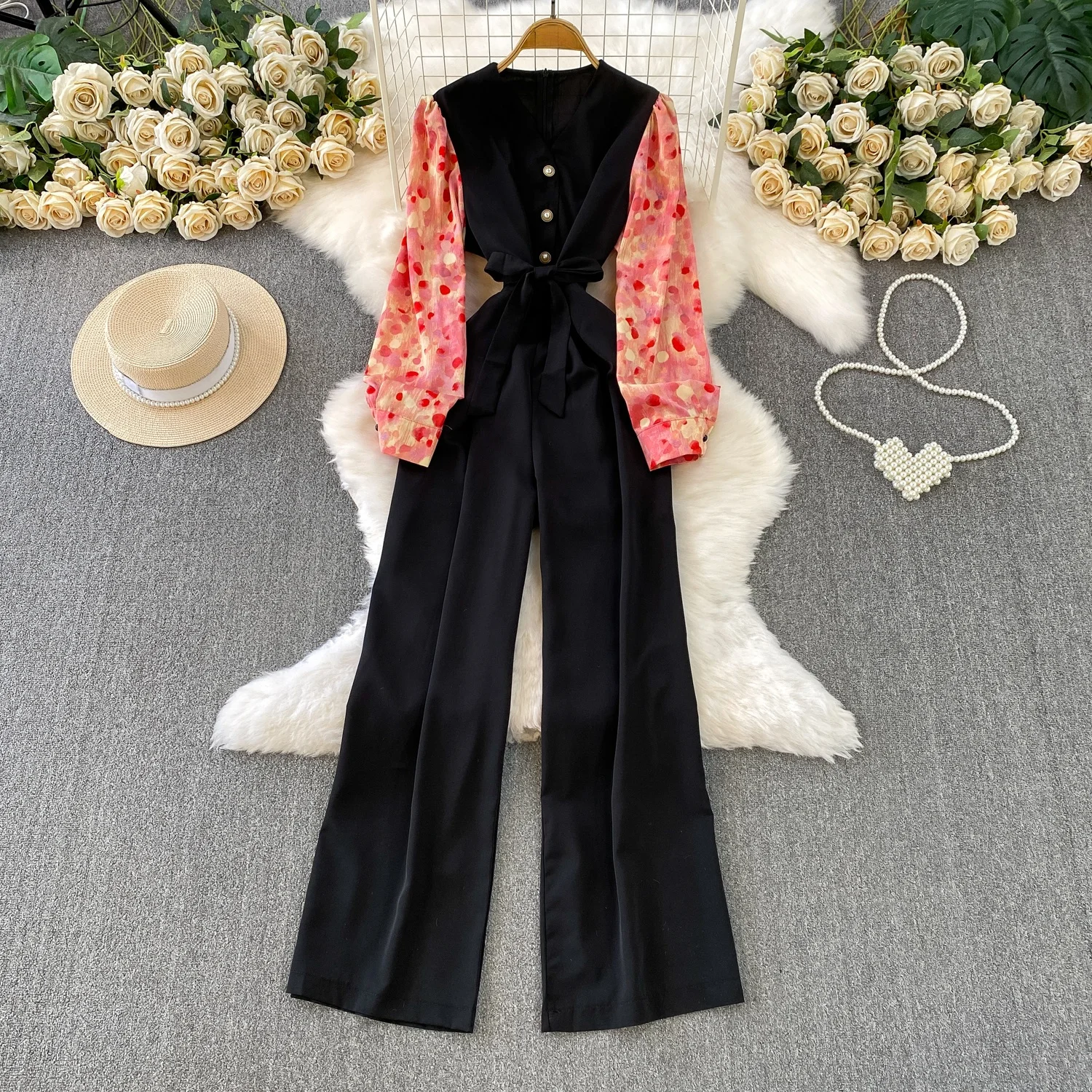 

Ele Floral Print Split Long Sve V-Ne Women's One-Piece Autumn High Waist Slimming Straight Leg Wide Leg Pants