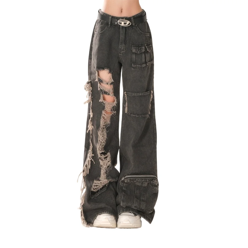 High Quality Hot Selling Wholesale Retro Distressed Distressed Workwear Jeans Women's High Waisted Personalized Wide Leg Pants