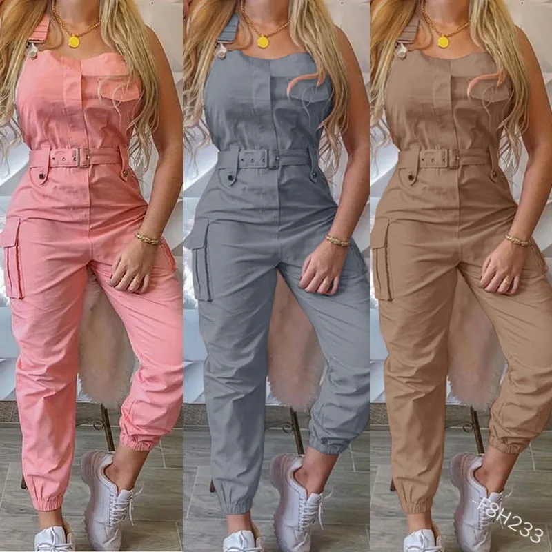 Women's Clothes Female Fashion Sleeveless Cargo Jumpsuit High Waist Street Trend Women Simple Long Jumpsuits