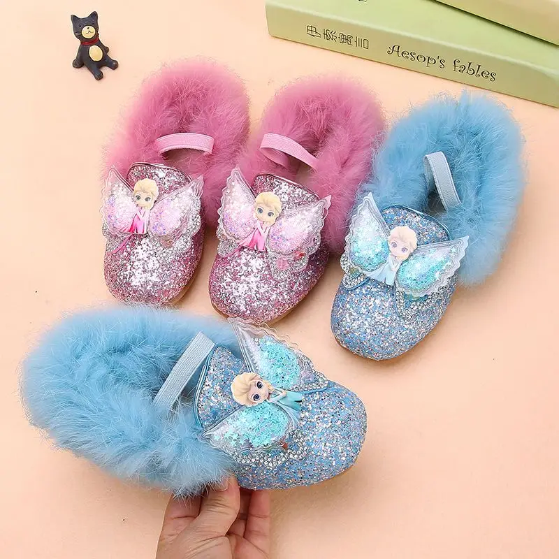 Disney Girls\' Shoes Plush Winter Casual Shoes Sequins Elsa Princess Shoes girls\' Cotton Shoes Soft Soles Flats Pink Blue Shoes