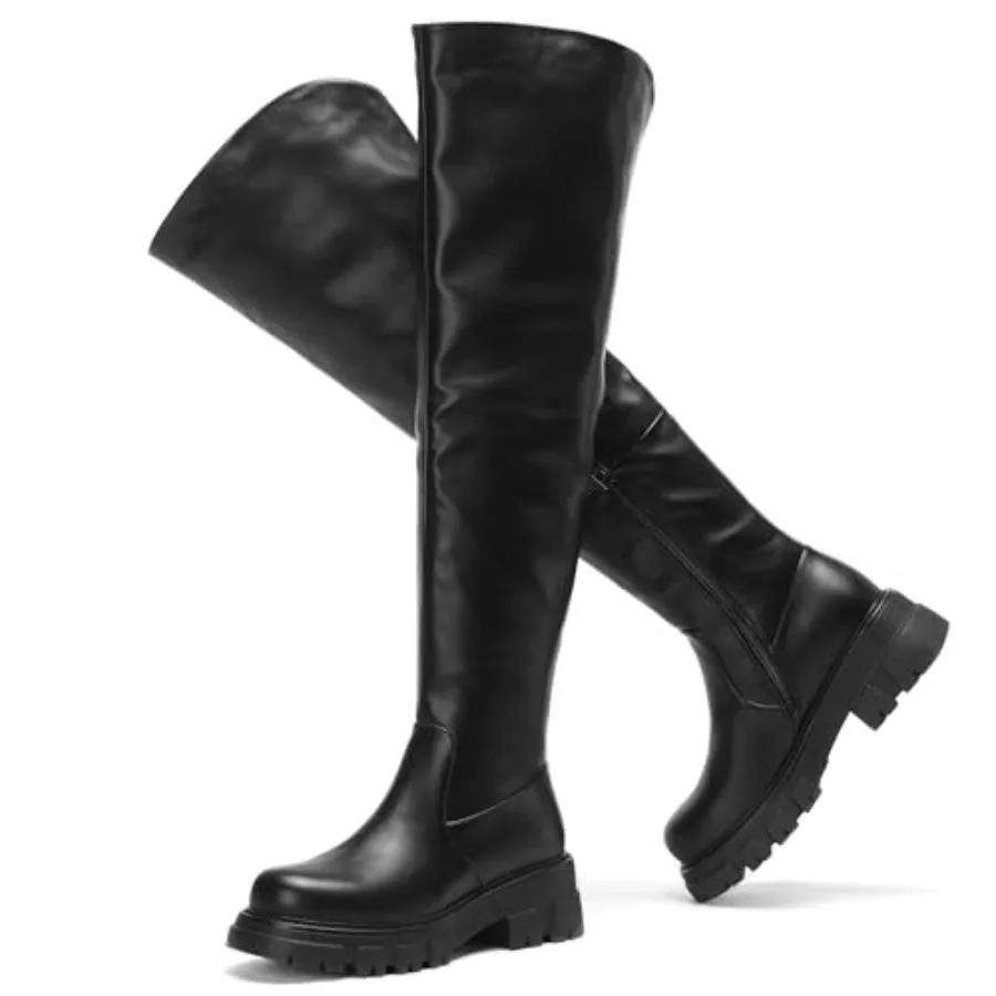 

Black Thigh High Boots For Women Platform Slouch Over The Knee Fall Boots Lug Sole Low Chunky Heel Curve-friendly
