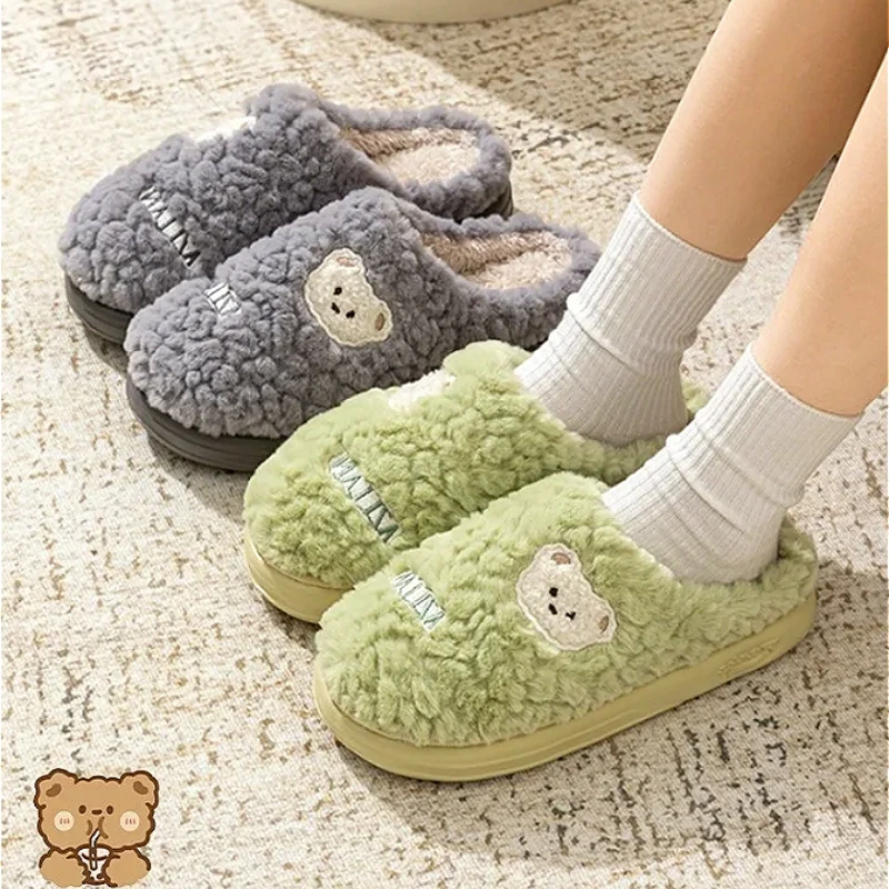 

2025 Cute Cartoon Fluffly bear Slippers man Woman Winter Indoor Platform Cotton Slippers Non Slip Warm Plush Home Floor Shoes