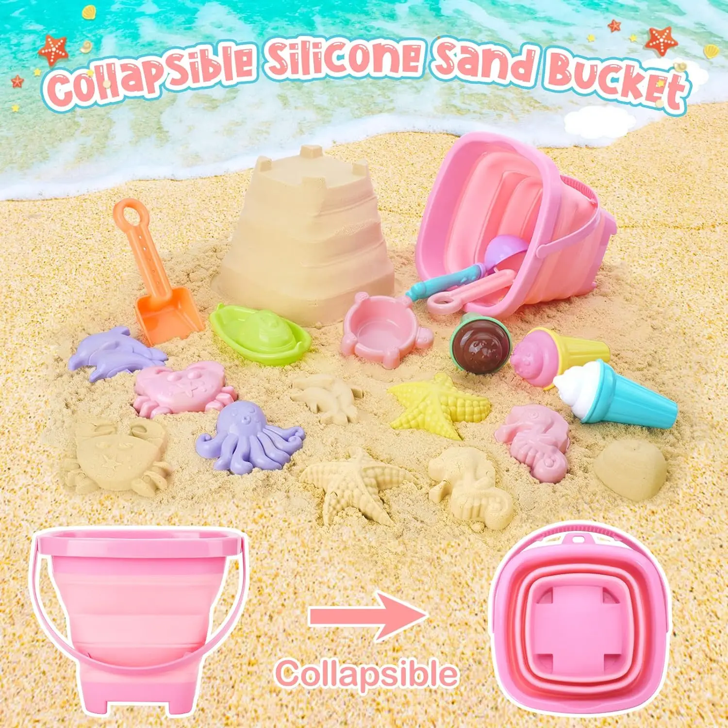 20pcs Beach Toys Set for Kids Toddlers Girls Collapsible Sand Bucket Shovels Set Mesh Bag Sand Molds Ice Cream Travel Sand Toys